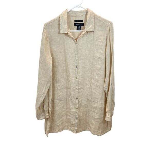 Tahari Ivory Linen Button Up Side Slit Long Sleeve Tunic Top Size Medium - Picture 1 of 9